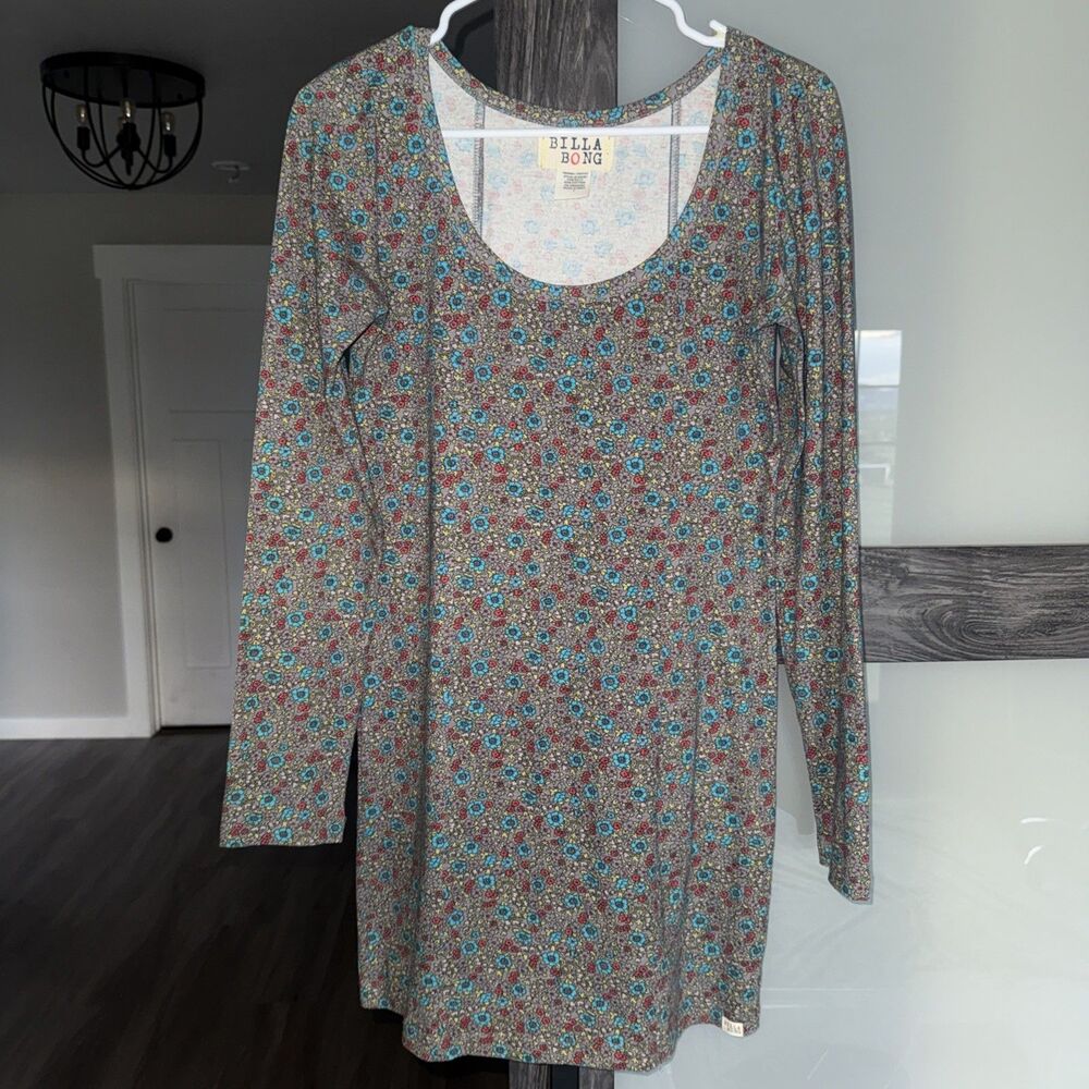 Billabong Women's Grey Floral Mini Dress Long Sleeve Size L  Cotton